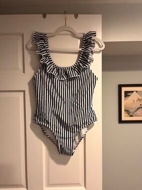 Imagine Perry Black and White Striped Ruffle One-Piece Swimsuit